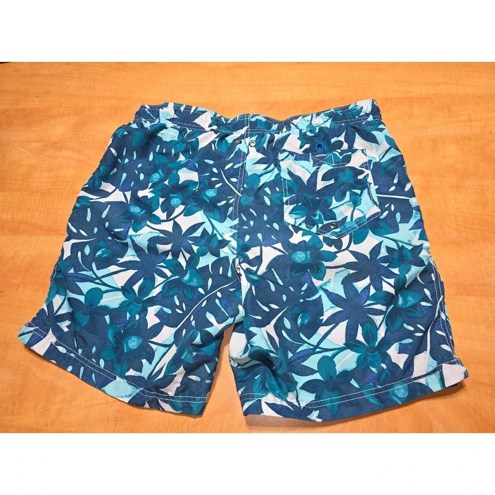 Lands End Mens Tropical Floral Swim Trunks Blue Teal Monstera Board Shorts Med